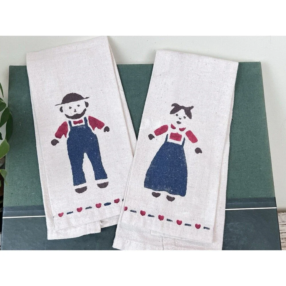 Vintage Farmhouse Hand Painted Amish Country Couple Hand Towels Cottage Charm